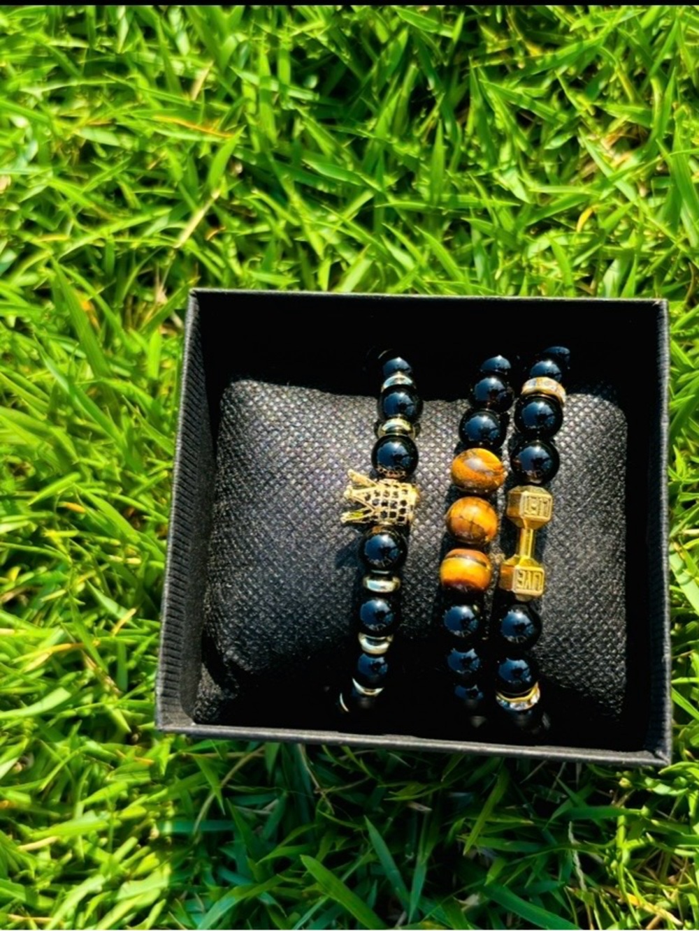 Black & Tiger Eye Beaded Bracelet Set - Gold Accents